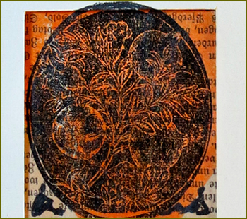 Granatapfel Nr.5, Kupferdruck auf farbigem Papier und Finelinerzeichung, 55 x 20 mm 160.- Euro
